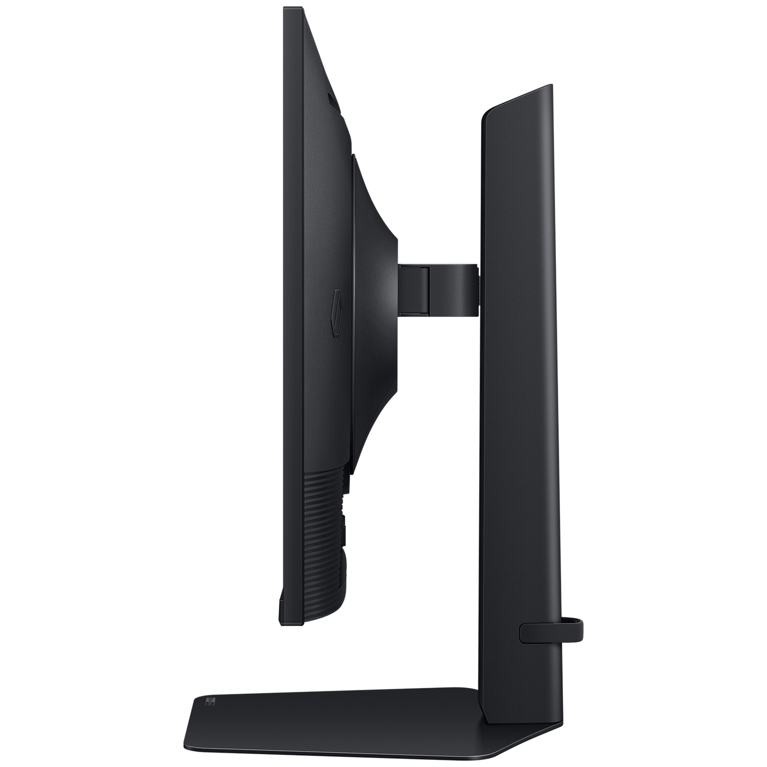 Zijaanzicht van een zwarte computermonitor. Het scherm bevindt zich links, verbonden met een verticale standaard rechts. De basis is plat.