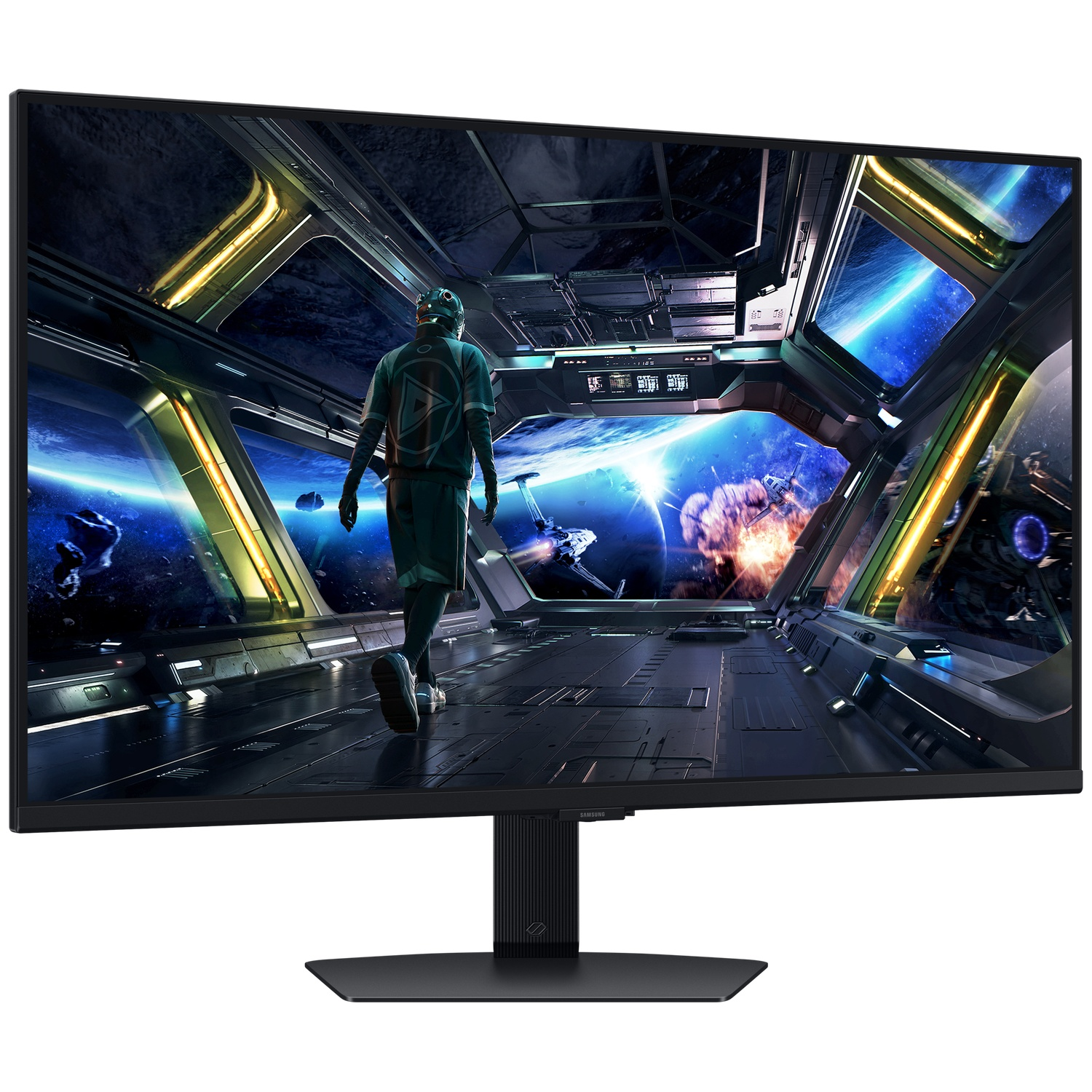 Een monitor toont een futuristische ruimtescène met een persoon die door een gang loopt. Ruimteschepen en planeten zijn zichtbaar op de achtergrond.