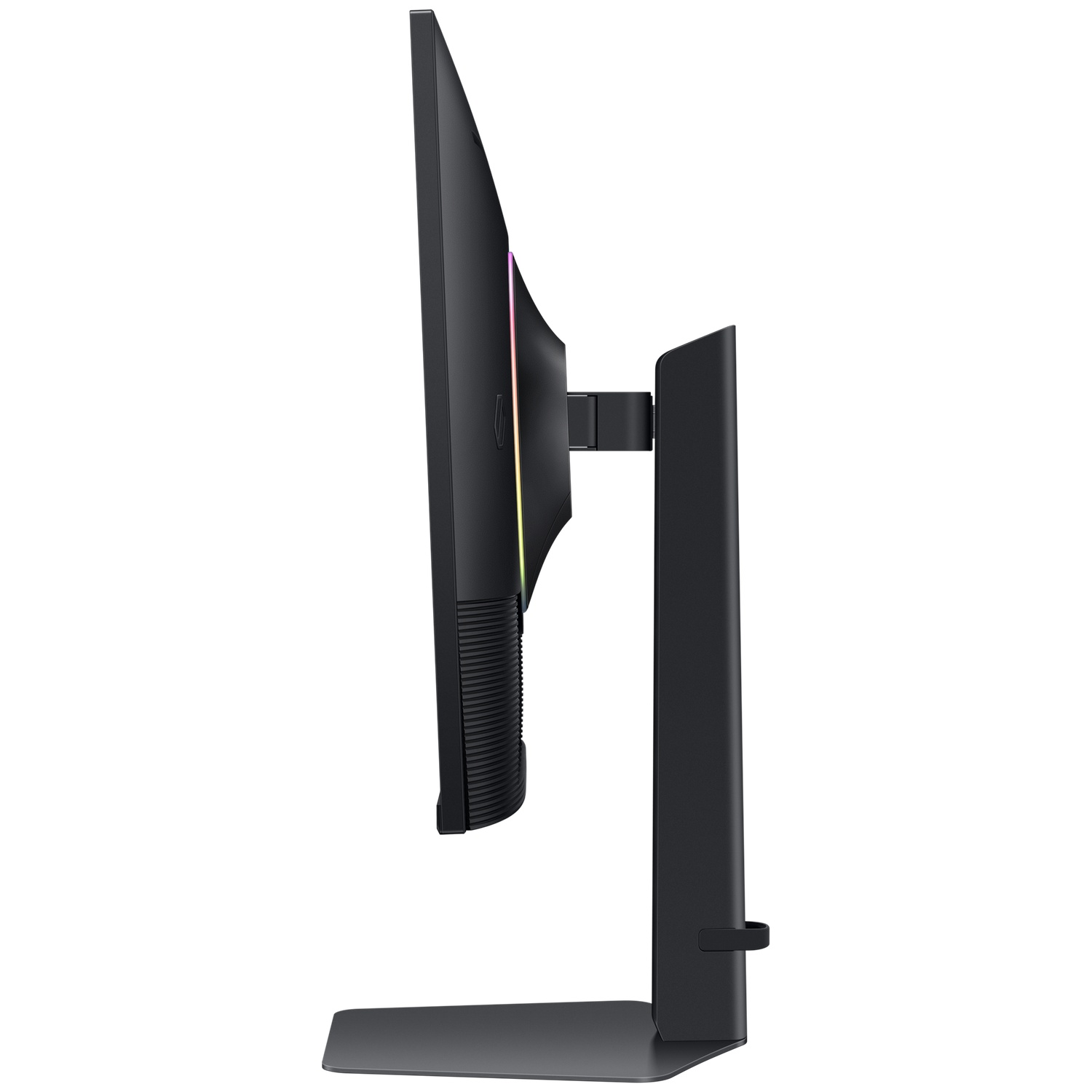 Zijaanzicht van een zwarte computermonitor. Het heeft een standaard en een slank ontwerp. Er zijn kleurrijke lichten aan de zijkant.