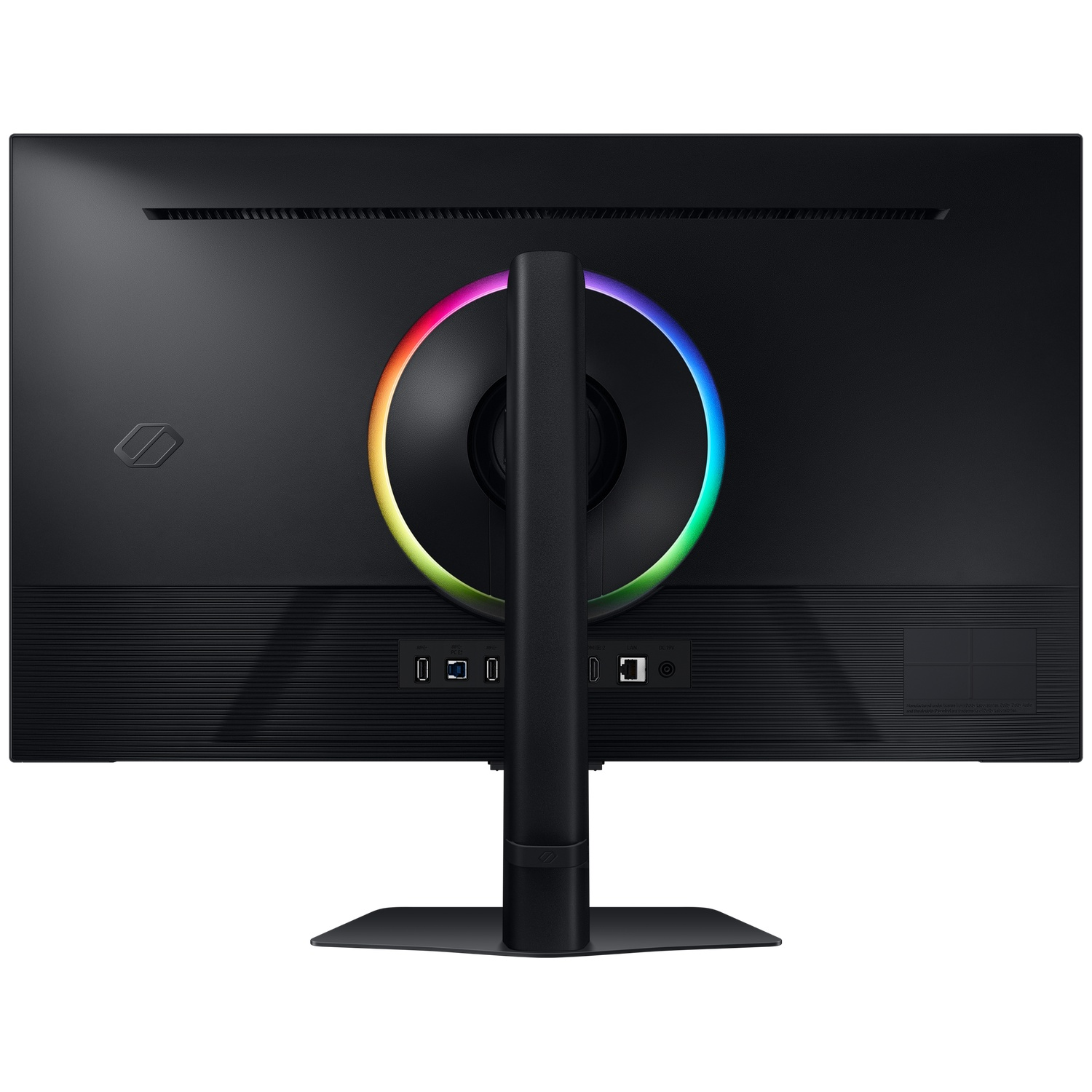De achterkant van een zwarte computermonitor. Het heeft een kleurrijke lichtring, poorten en een standaard. Het merklogo is zichtbaar.