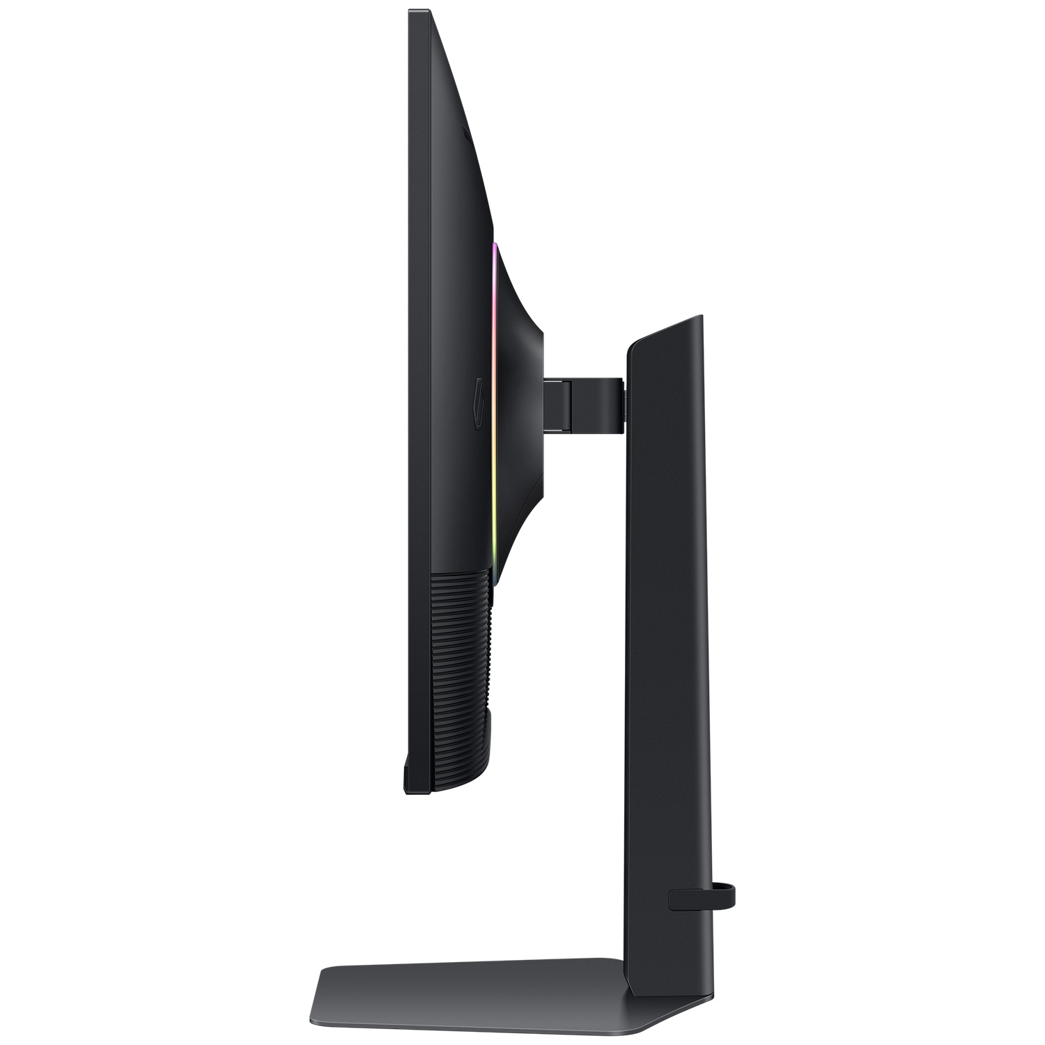 Zijaanzicht van een zwarte computermonitor. Het scherm is dun, met een standaard. De standaard is zwart en heeft een brede basis.