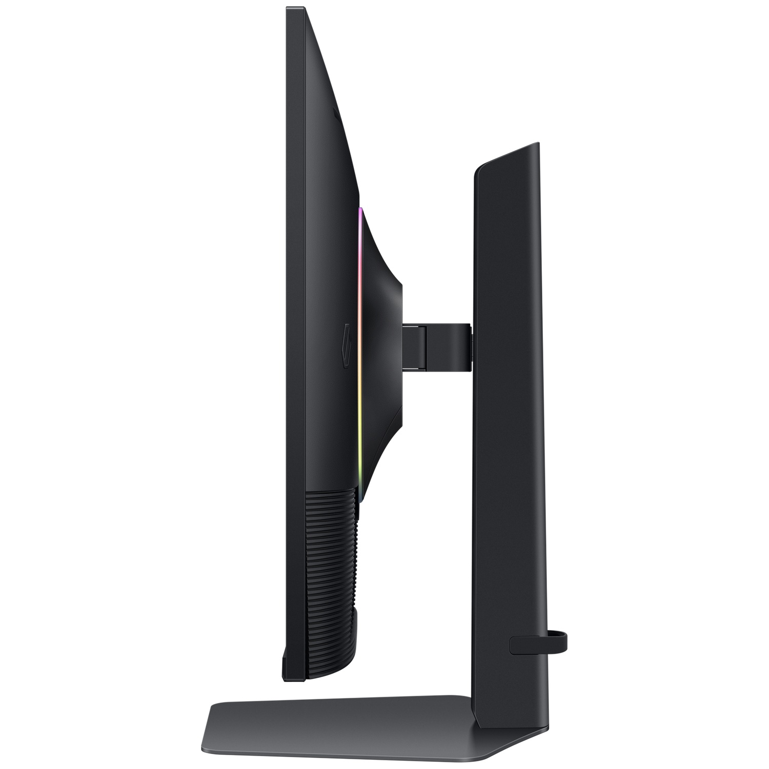 Zijaanzicht van een zwarte computermonitor. Het scherm is dun, met een standaard. Het heeft wat RGB-verlichting. De achtergrond is wit.