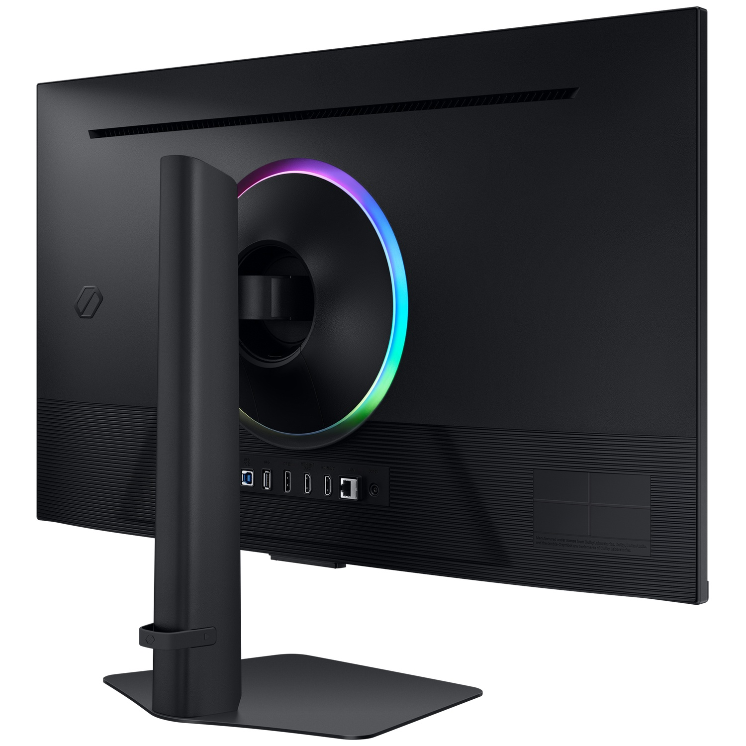 De achterkant van een zwarte computermonitor. Een gloeiende ring van kleuren is zichtbaar. De standaard en poorten zitten onderaan.