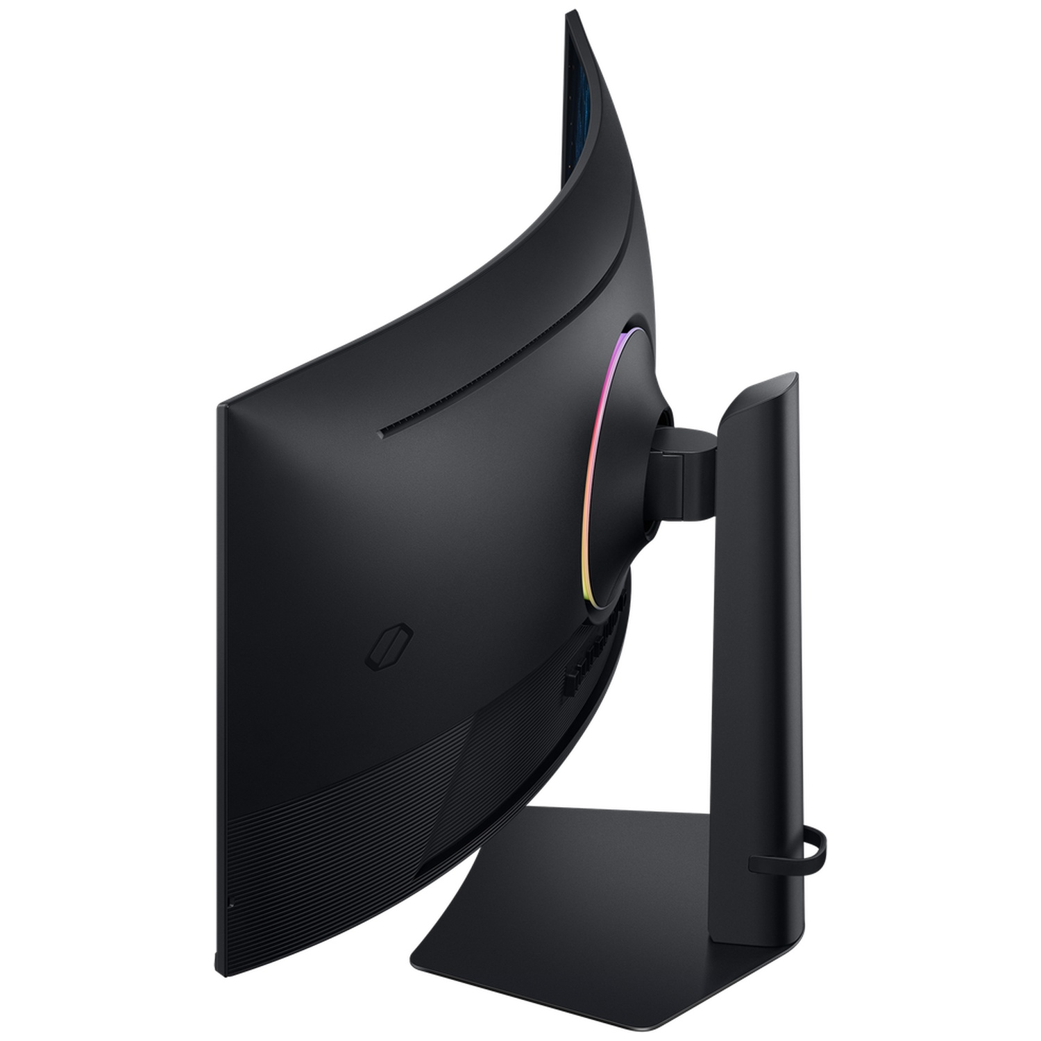 Vue latérale d'un écran d'ordinateur noir incurvé. Il possède un support et une bande LED colorée à l'arrière.