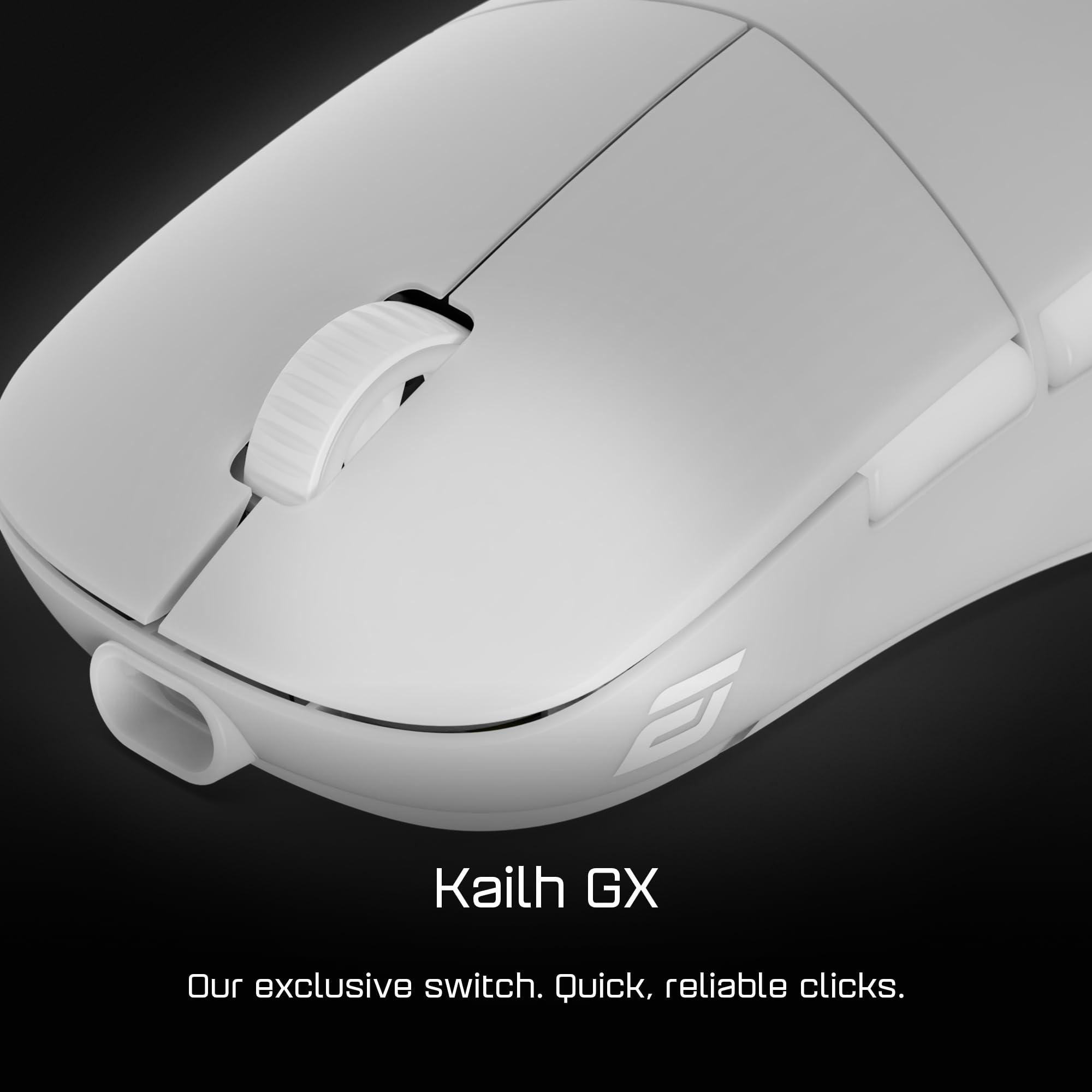 Weiße Computermaus mit Scrollrad und Logo auf schwarzem Hintergrund. Text: 'Kailh GX' und 'Schnelle, zuverlässige Klicks'.
