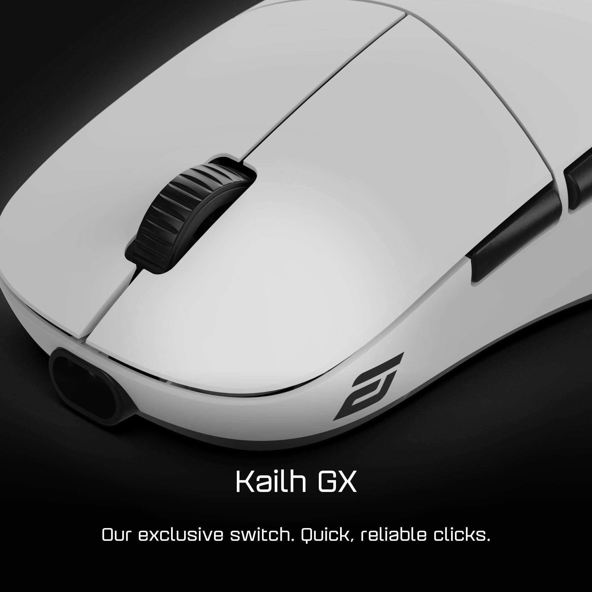 Eine weiße Kailh GX-Maus mit schwarzem Scrollrad und Seitentasten, Logo, auf schwarzem Hintergrund. Text: Schnelle, zuverlässige Klicks.