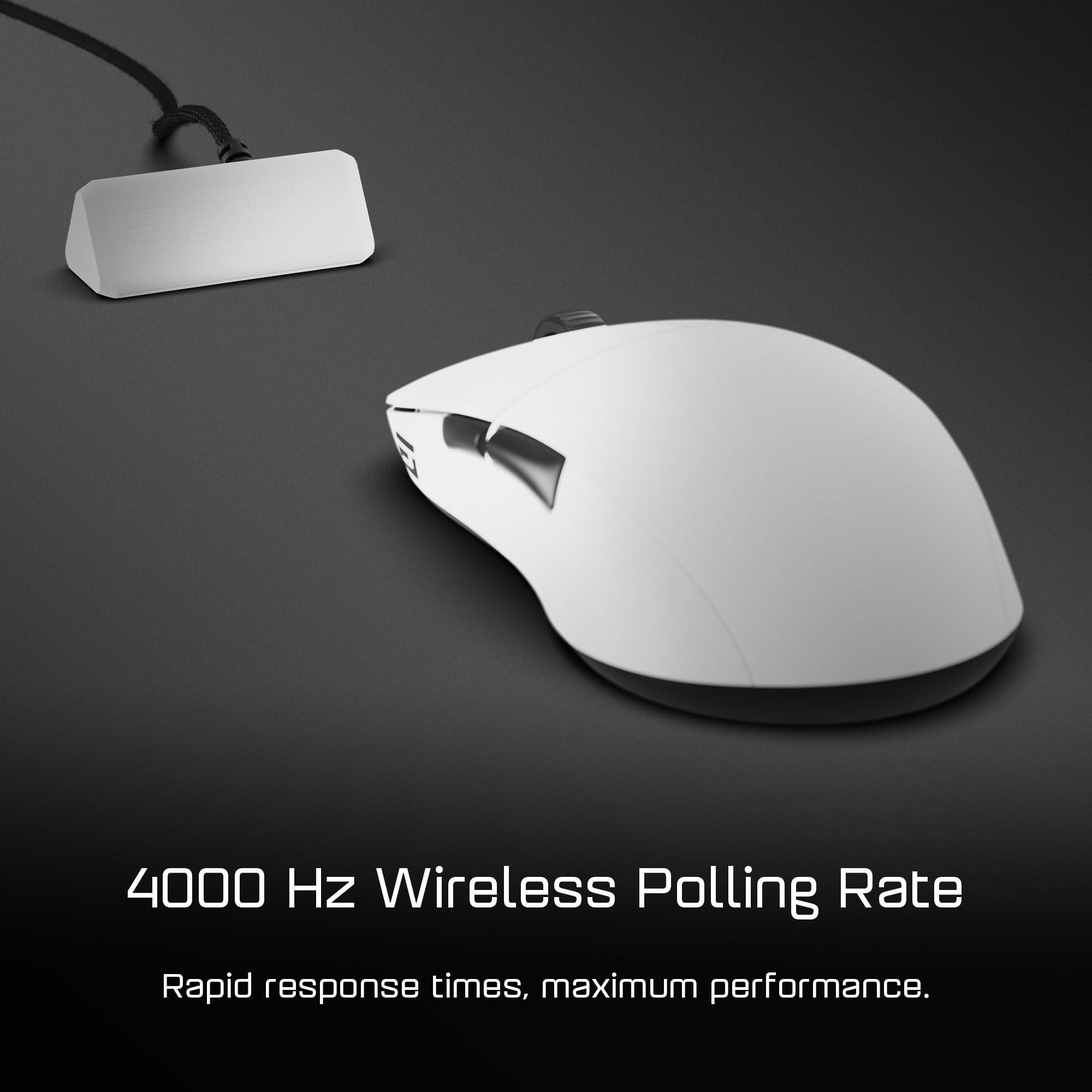 Eine weiße kabellose Maus und ein Empfänger auf dunkler Oberfläche. Der Text lautet 4000 Hz Wireless Polling Rate.