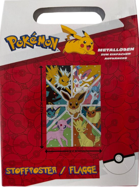 Ein Pokémon-Poster mit verschiedenen Pokémon-Charakteren, oben Pikachu. Es ist ein Stoffposter/Flagge.