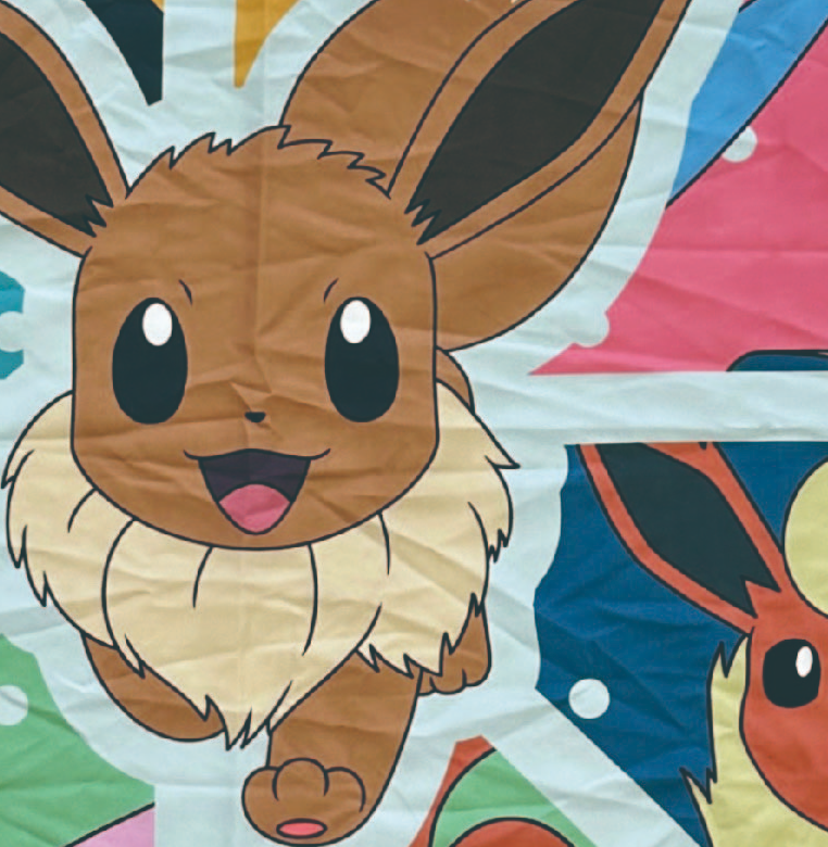 Ein Evoli-Charakter auf gemustertem Hintergrund. Es hat braunes Fell, große Ohren und ein lächelndes Gesicht. Andere Pokemon sind sichtbar.