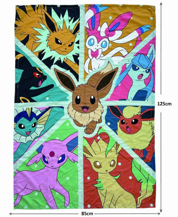 Bunter Pokemon-Banner mit Evoli und Entwicklungen. Unterteilt in Abschnitte mit verschiedenen Charakteren und Farben, mit den Maßen 85x125cm.