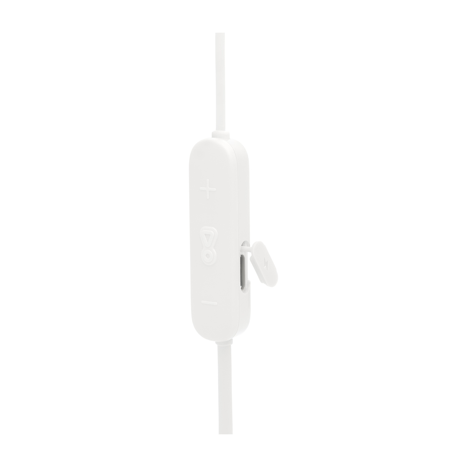 Un telecomando in linea bianco con un simbolo più, un'icona del volume e un simbolo meno su un cavo bianco. È visibile una piccola porta.