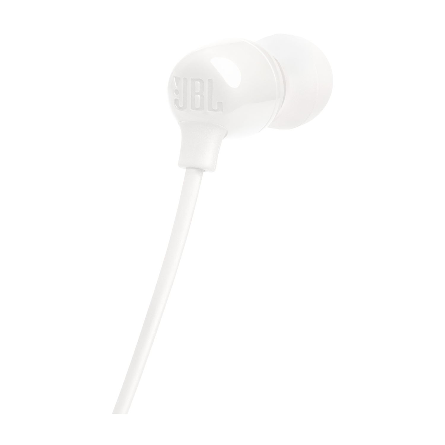 Auricolare JBL bianco con logo del marchio. L'auricolare è su sfondo bianco ed è inclinato verso l'alto a destra.