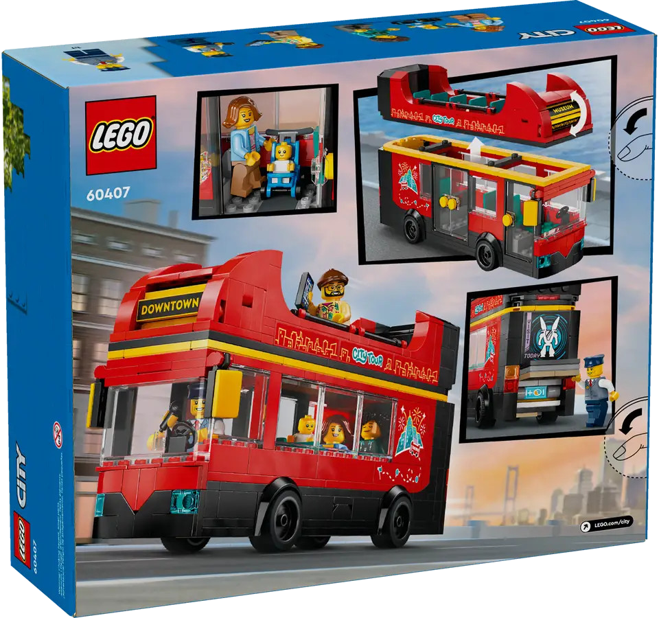 Pudełko autobusu Lego City. Czerwony autobus piętrowy z figurkami wewnątrz i na górze. Pokazuje inne funkcje zestawu.