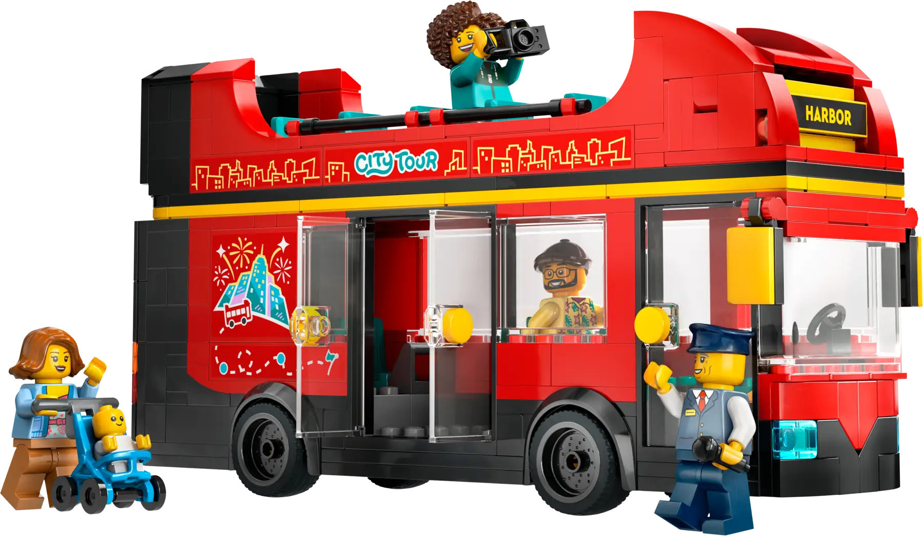 Czerwony zestaw LEGO z piętrowym autobusem z figurkami. Widoczna jest kobieta z wózkiem, fotograf i kierowca autobusu.