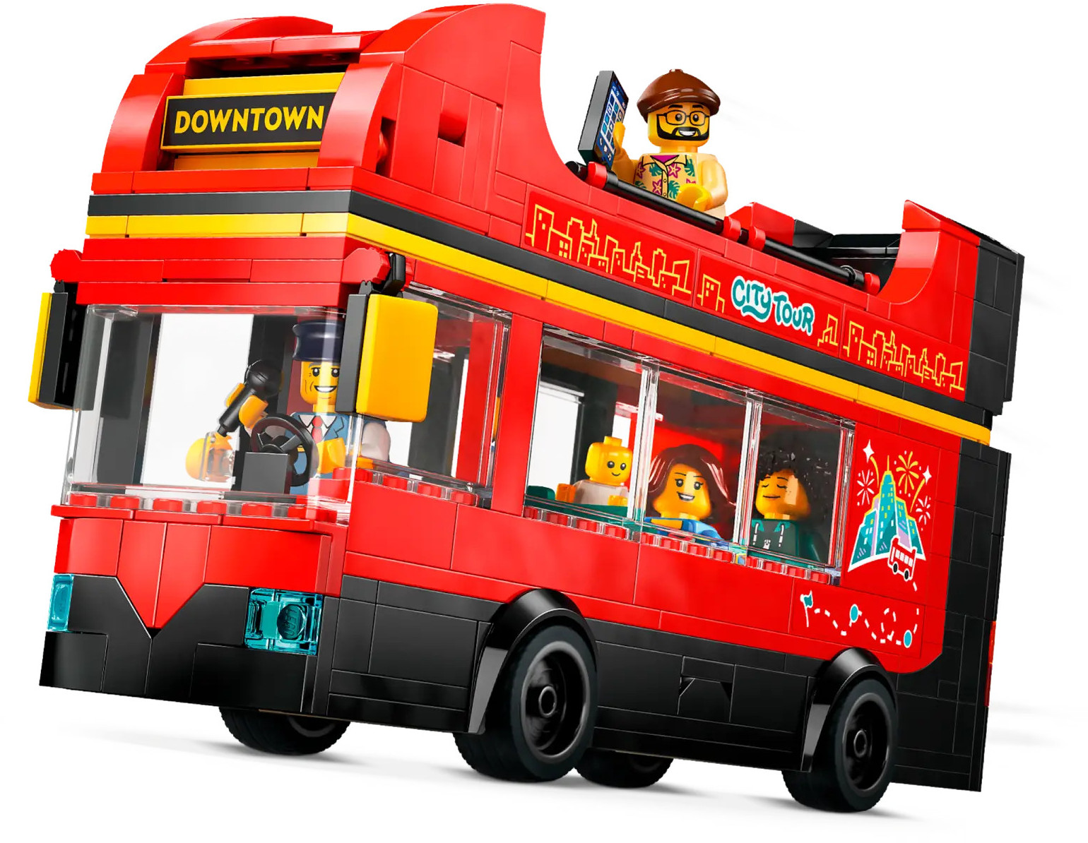Czerwony autobus Lego City Tour z pasażerami i kierowcą. Znak „Downtown” na górze. Postacie się uśmiechają. Autobus jest w ruchu.