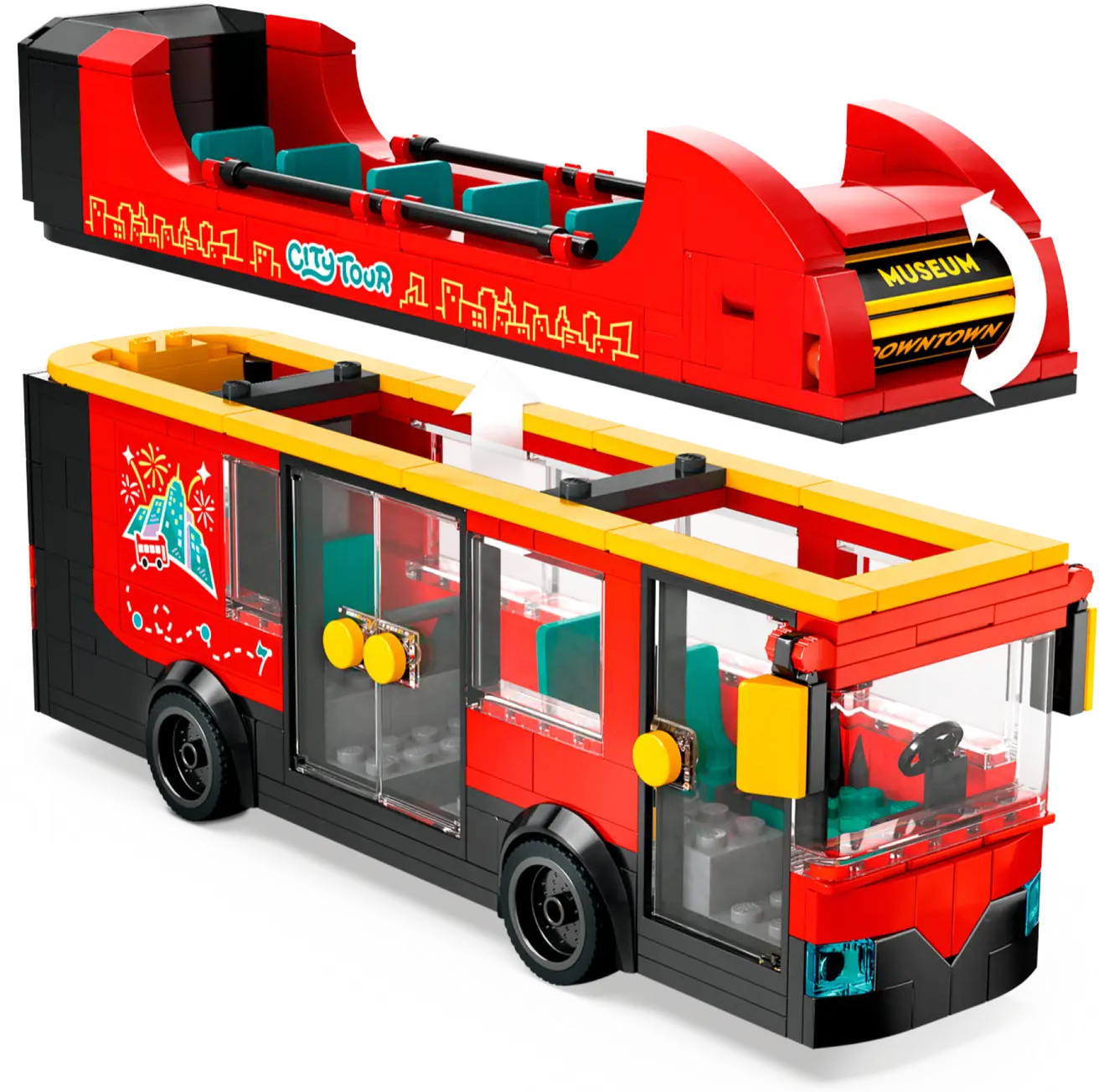 Czerwono-czarny autobus Lego z odpinanym dachem. Górna część zawiera napisy City Tour i Museum. Autobus ma żółte akcenty.