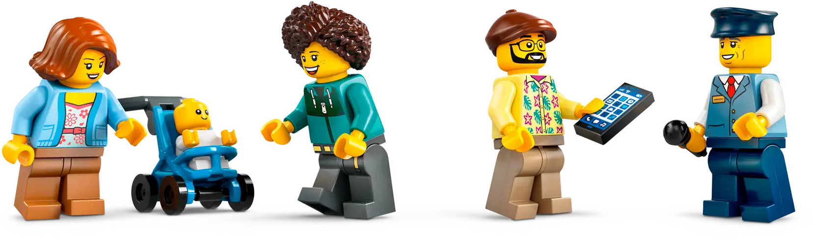 Cztery figurki Lego. Kobieta z wózkiem, mężczyzna, mężczyzna z telefonem i mężczyzna z mikrofonem.