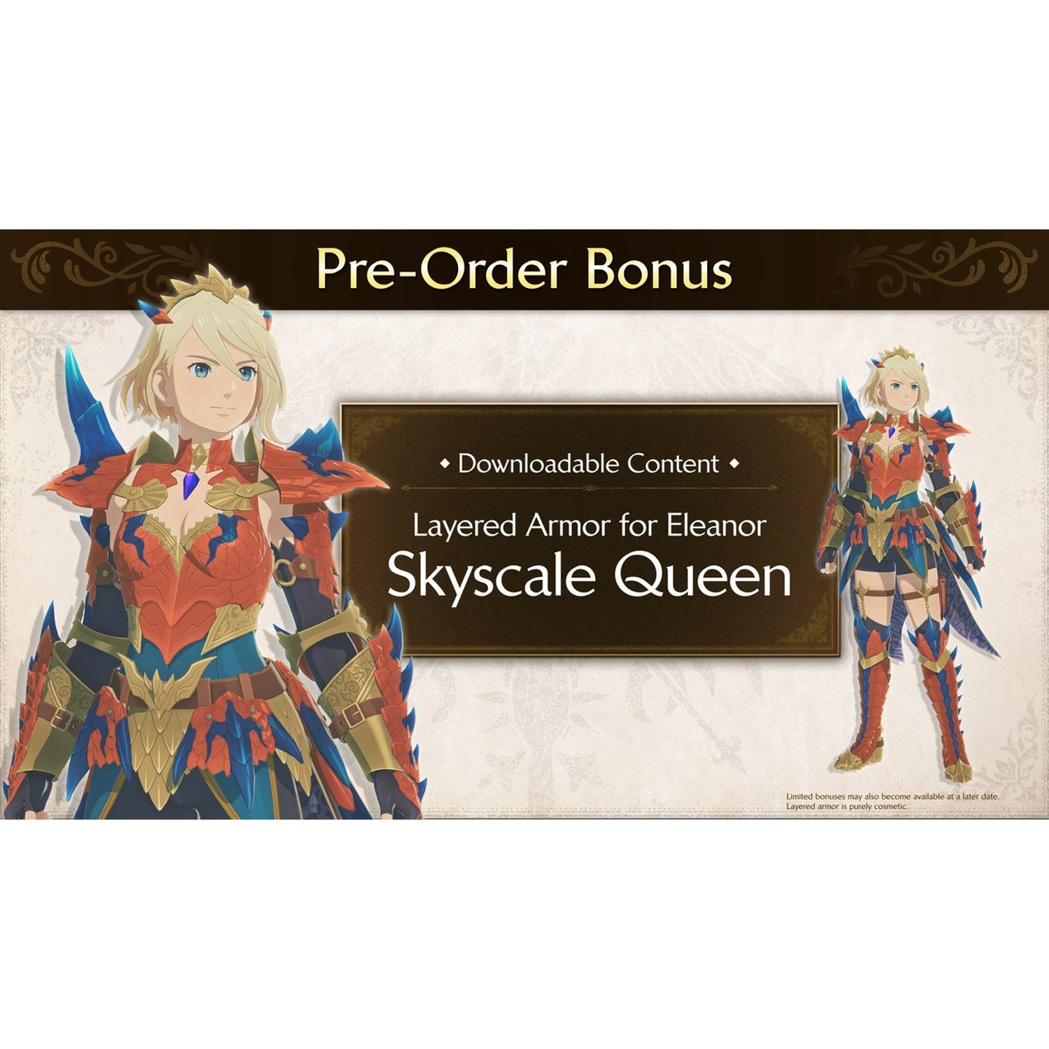 Image shows a character wearing Skyscale Queen armor. Text says 'Pre-Order Bonus' and 'Layered Armor for Eleanor'.