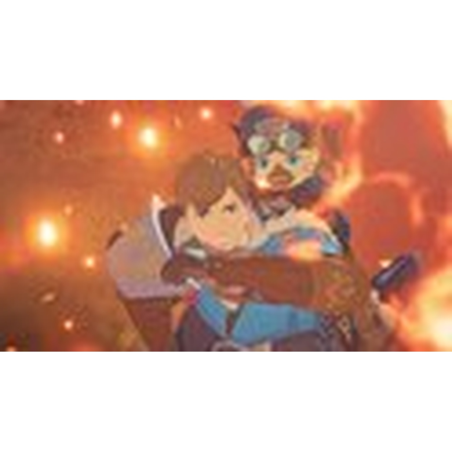 Two anime characters are embracing. One is carrying the other in front of a fiery background. The scene is full of warmth.