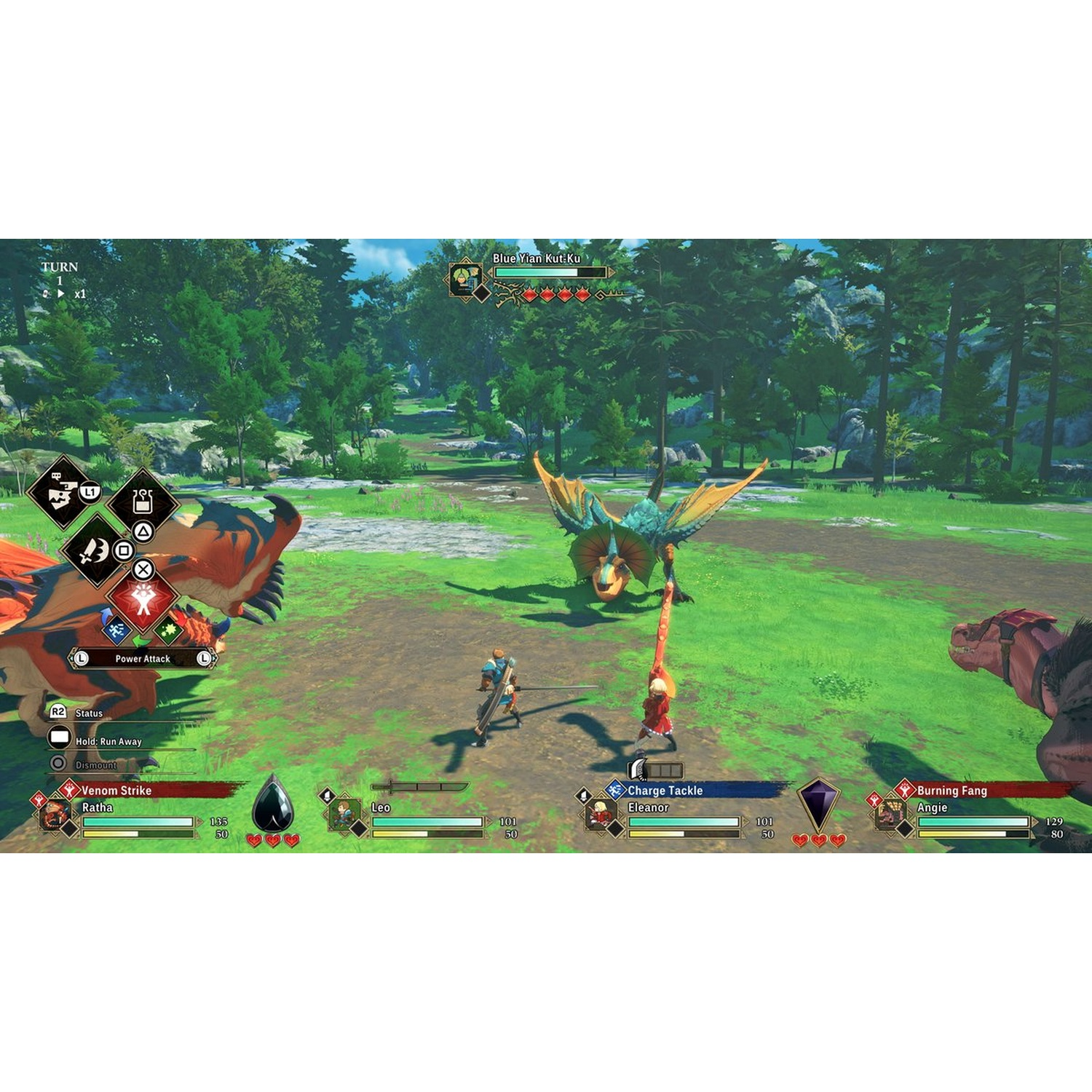 A video game scene shows a battle. Characters and monsters are in a grassy field. Trees are in the background. The game interface is visible.