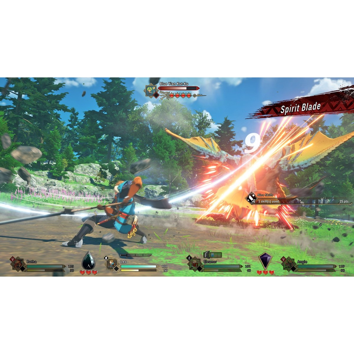 A character in blue attacks a flying monster with a spirit blade. The scene is set in a forest with trees and a blue sky.