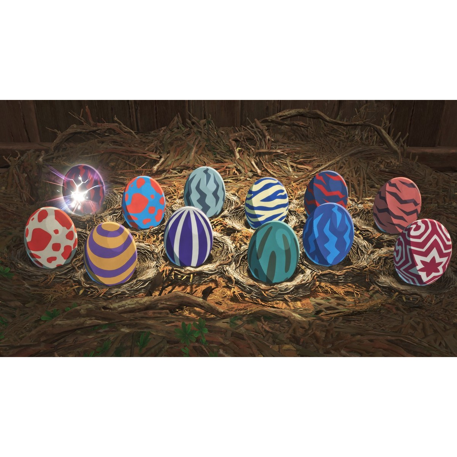 Colorful eggs in a nest. Various patterns and colors on the eggs. Nest is made of twigs. Wooden background.