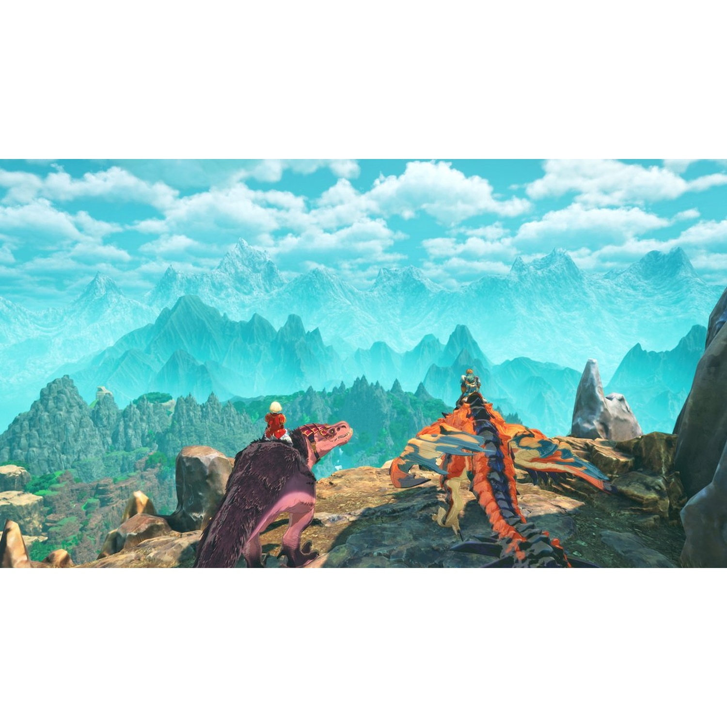 Two colorful creatures with riders on a mountain, overlooking a vast landscape of mountains under a cloudy sky.