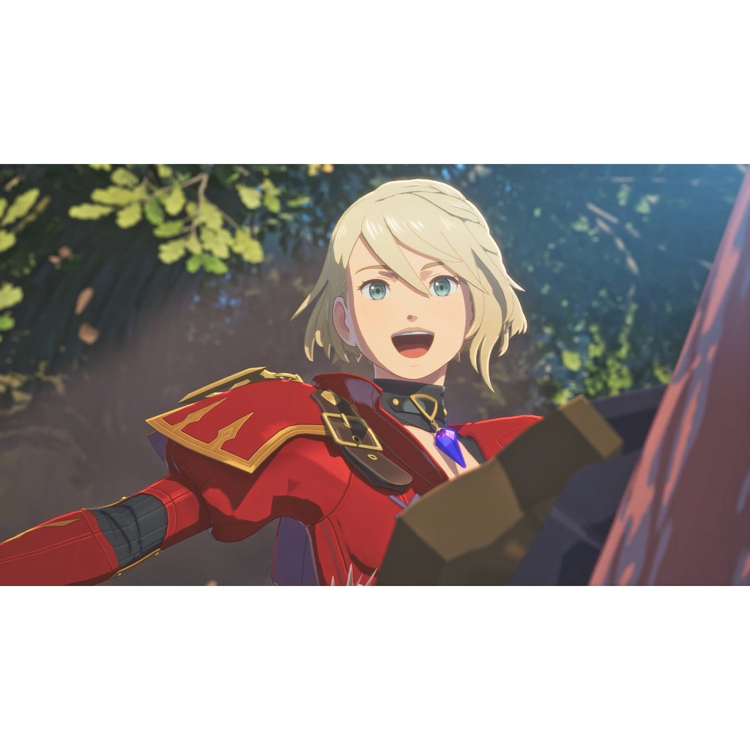 Anime woman with blonde hair in red armor smiles. Background has greenery and a red object.