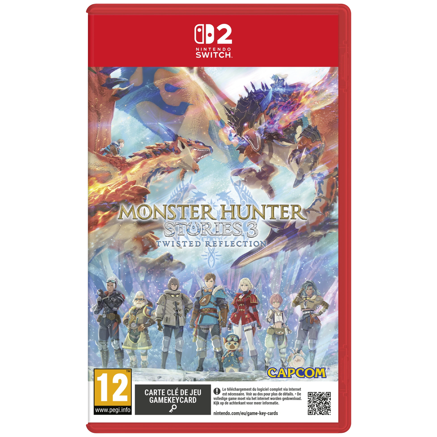 Spelbox art voor Monster Hunter Stories 3. Toont personages en monsters, met het Nintendo Switch logo bovenaan.