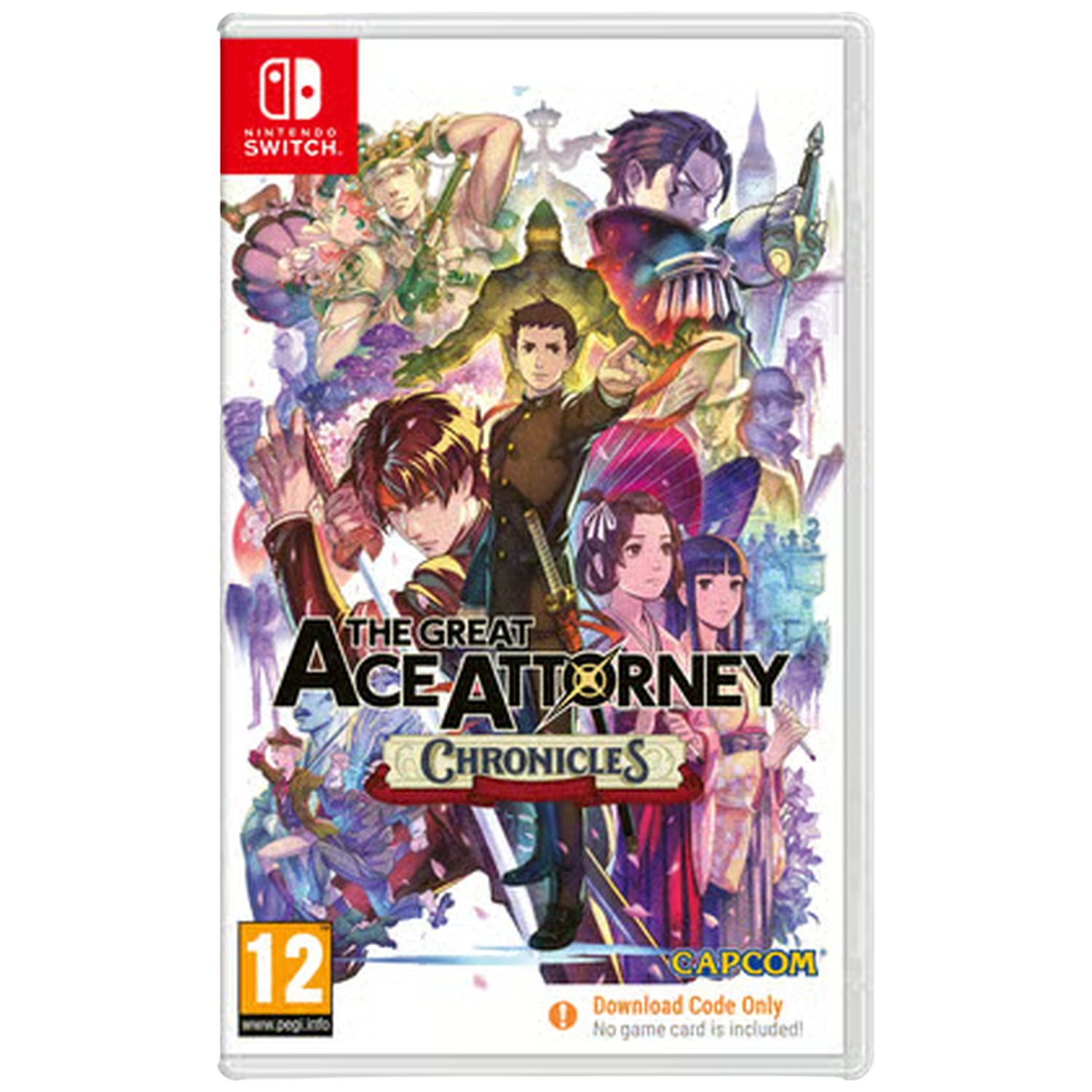 De gamecover van The Great Ace Attorney Chronicles. Toont meerdere personages met het Nintendo Switch-logo linksboven.