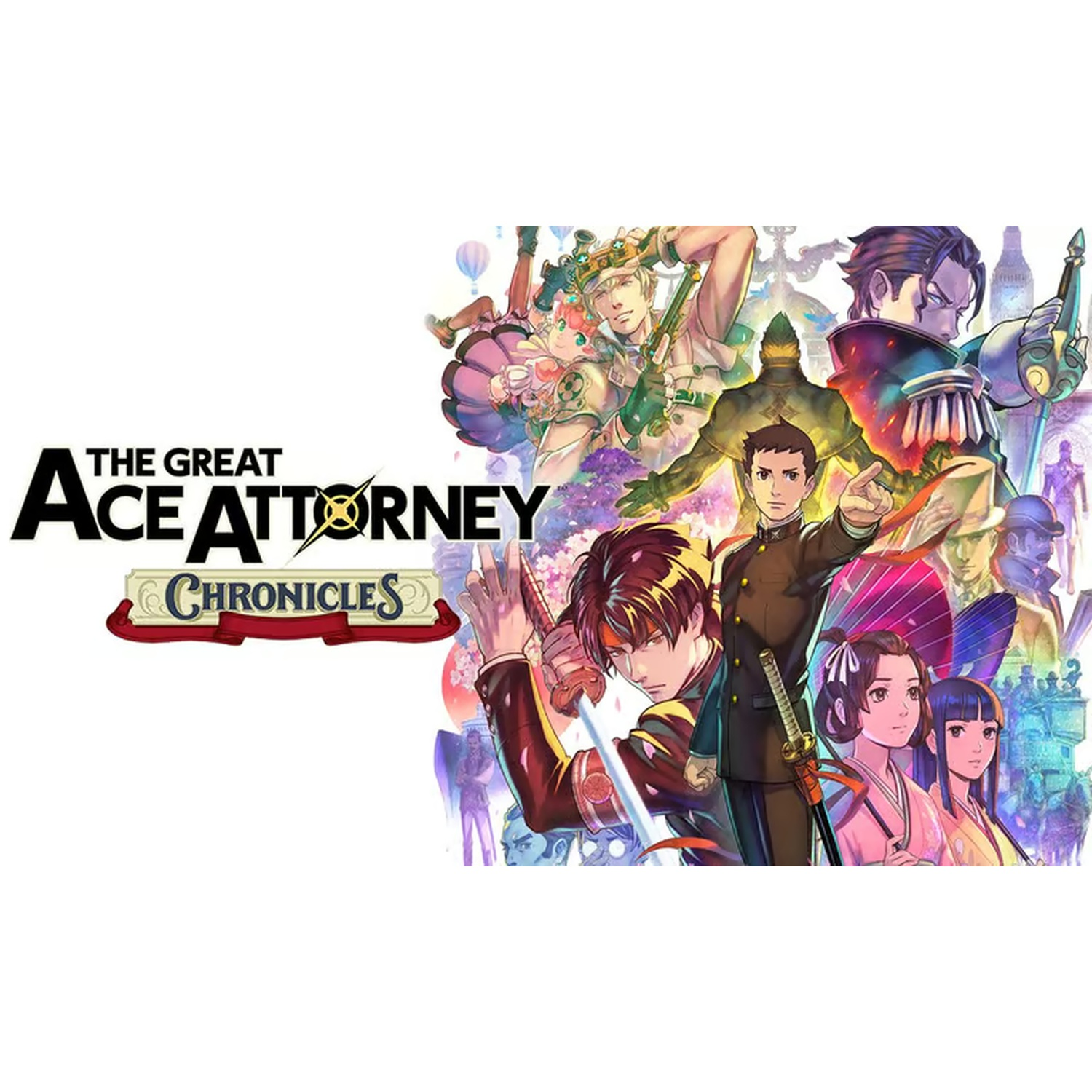 De cover van The Great Ace Attorney Chronicles bevat meerdere personages. Een titellogo staat links. Personages staan in actieposities.