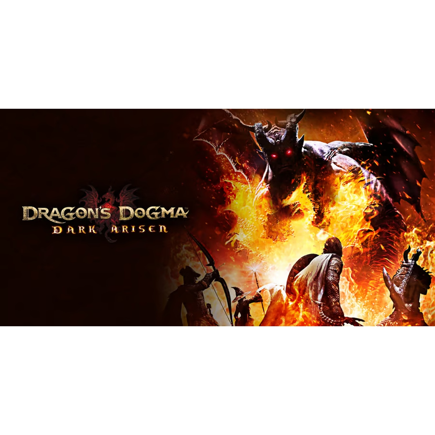 Omslag van Dragons Dogma Dark Arisen. Een draak en krijgers vechten te midden van vlammen. Titeltekst links.