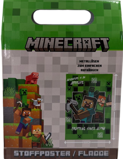Minecraft-Poster mit Charakteren und Text. Grün, Braun und Grau. Charaktere sind Steve und Alex. Text sagt 'Minecraft'.