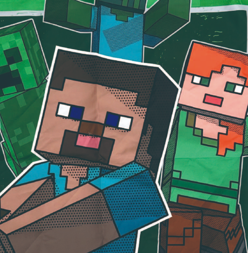 Minecraft-Charaktere: Steve, Alex, Creeper und Zombie. Steve steht im Vordergrund. Grüner Hintergrund. Pixeliges Design. Helle Farben.