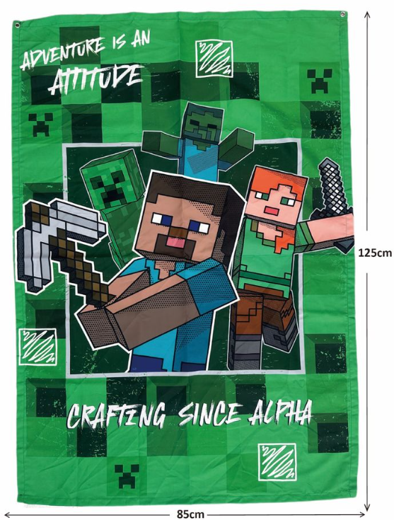 Minecraft-Banner. Grüner Hintergrund mit Charakteren: Steve, Alex, Creeper, Zombie. Text: Abenteuer ist eine Einstellung. Basteln seit Alpha.