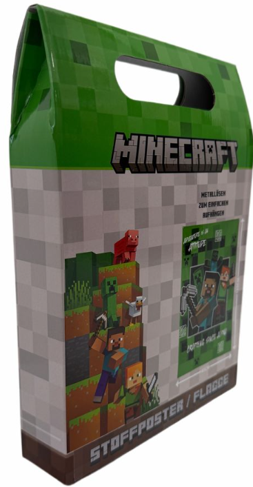 Minecraft-Box mit Charakteren und Logo. Enthält ein Poster mit Charakteren. Grüner oberer Griff. Die Box hat ein Minecraft-Design.