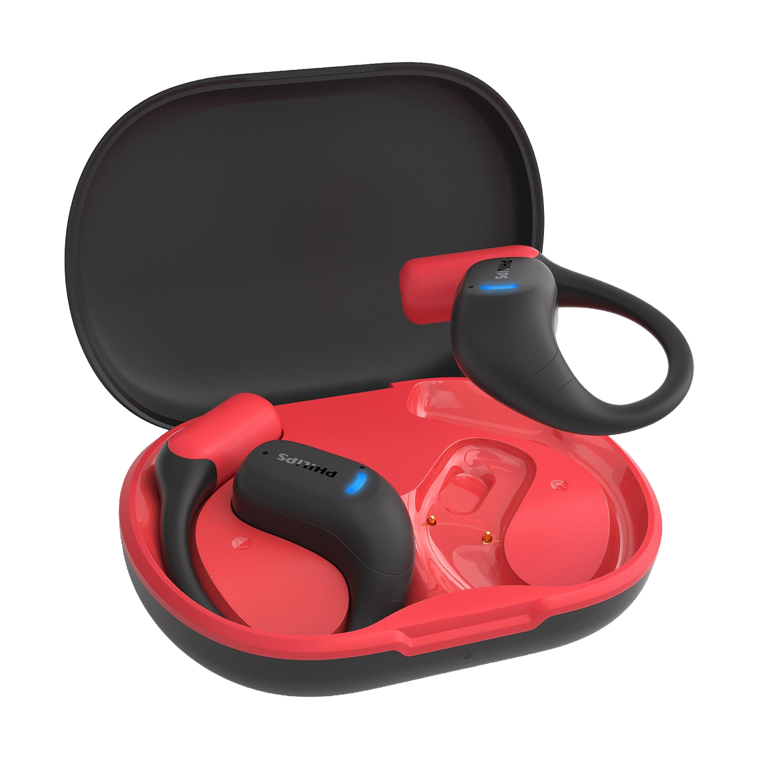 Auricolari Philips neri e rossi in un astuccio di ricarica nero e rosso. Un auricolare è fuori dall'astuccio.