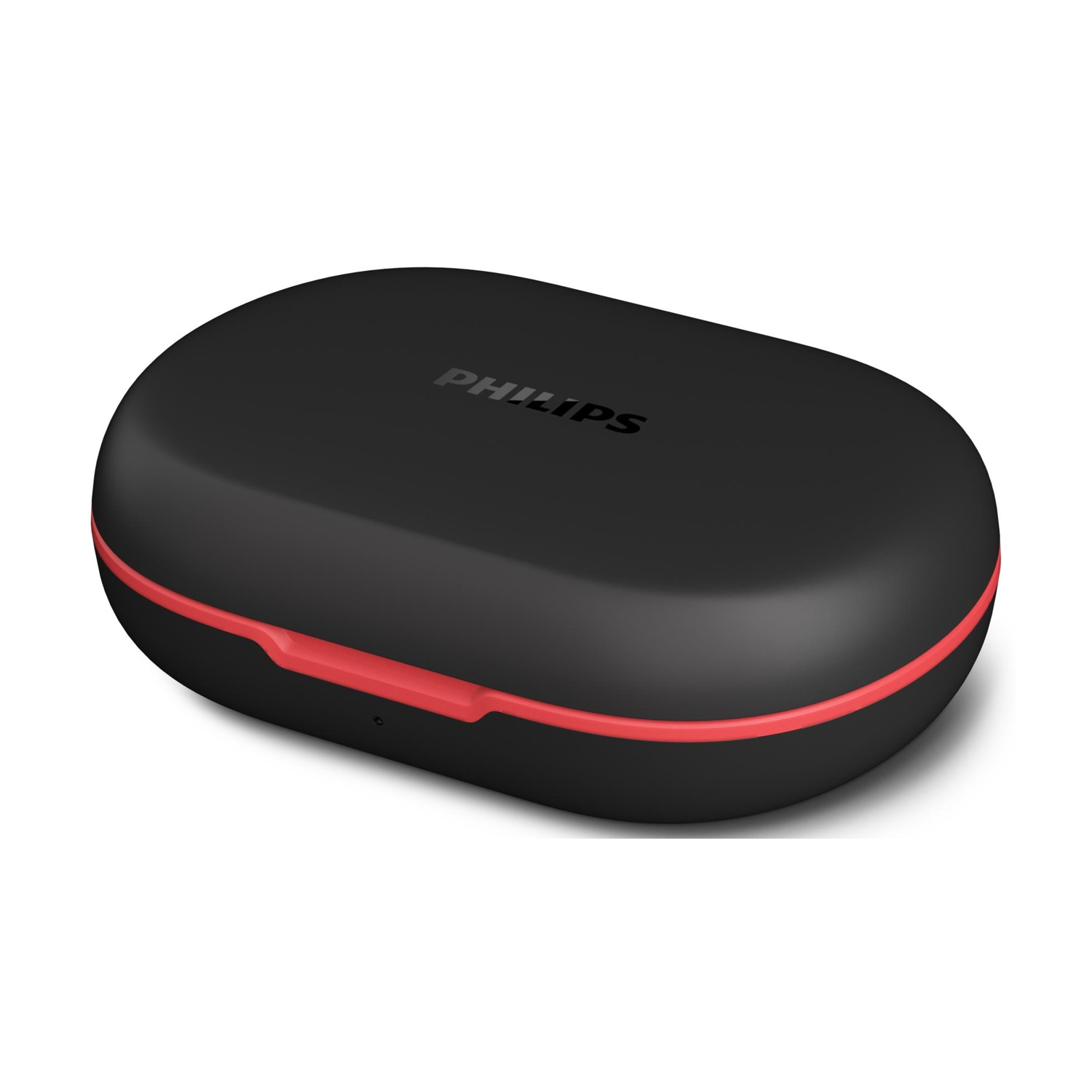 Custodia ovale nera con bordo rosso. "PHILIPS" è scritto in alto. Probabilmente una custodia per auricolari.