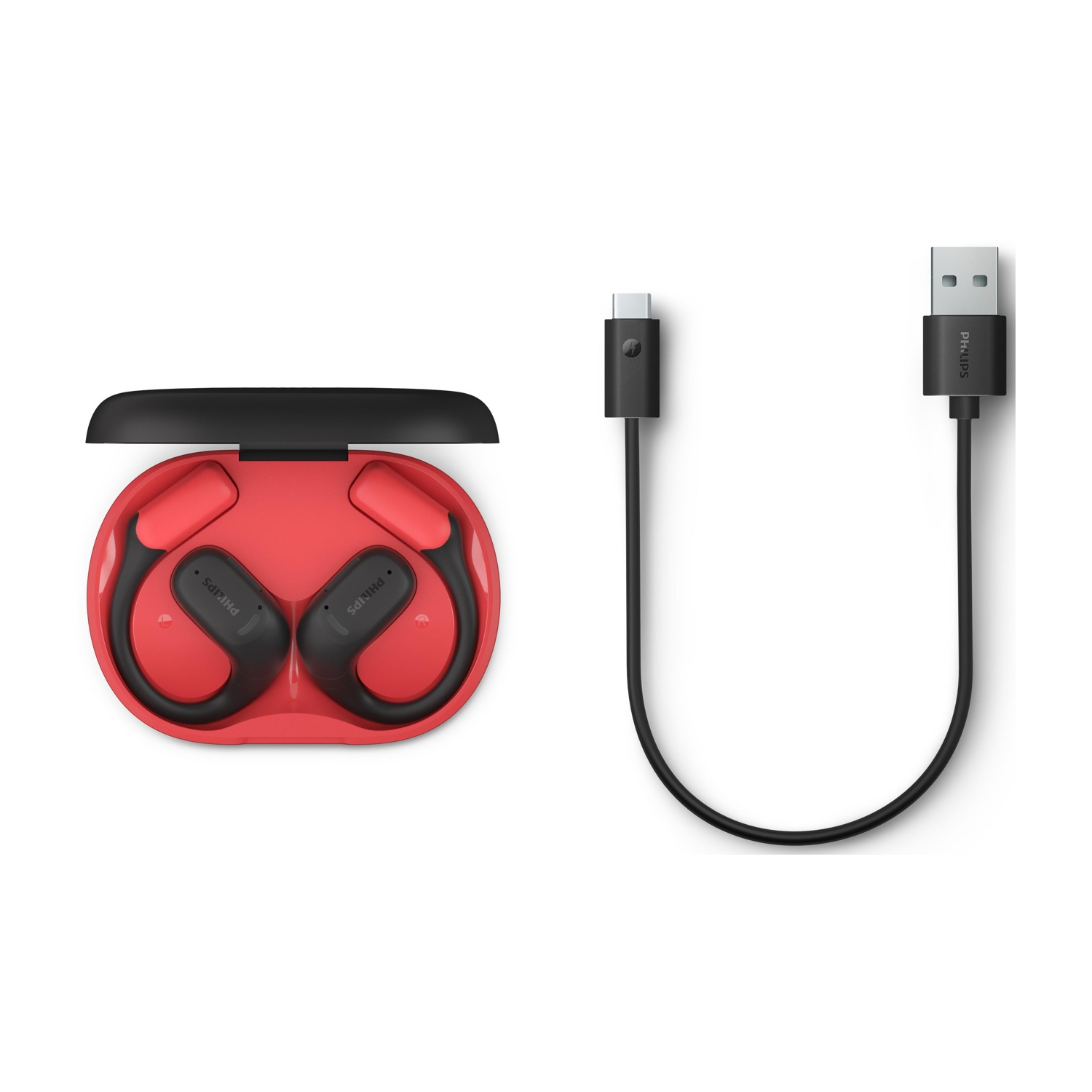 Auricolari Philips rossi e neri con custodia di ricarica e cavo USB nero su sfondo bianco.
