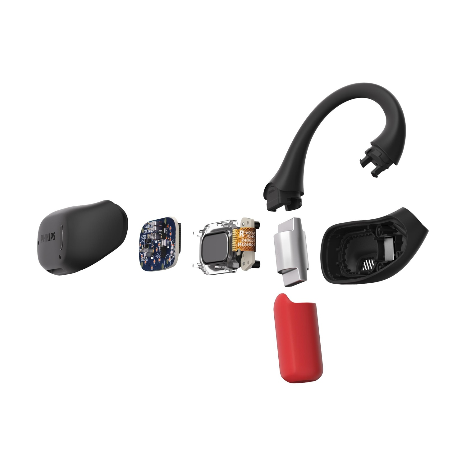 Vista esplosa di un auricolare Philips, che mostra i componenti: parti nere e rosse, circuiti stampati e un braccio curvo, il tutto su sfondo bianco.