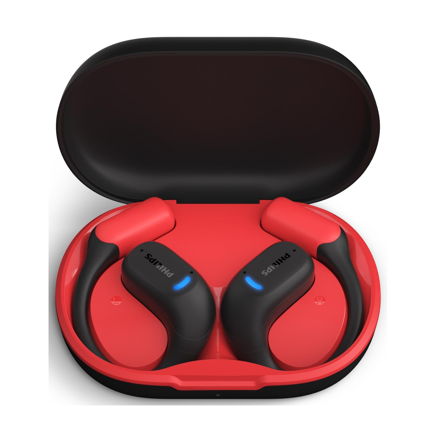 Custodia per auricolari rossa e nera aperta. Due auricolari neri con luci blu all'interno. La custodia è aperta, rivelando gli auricolari.