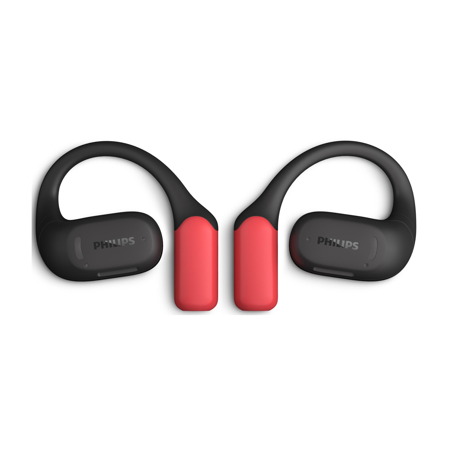 Cuffie sportive wireless Philips nere e rosse su sfondo bianco. Le cuffie sono in posizione aperta.