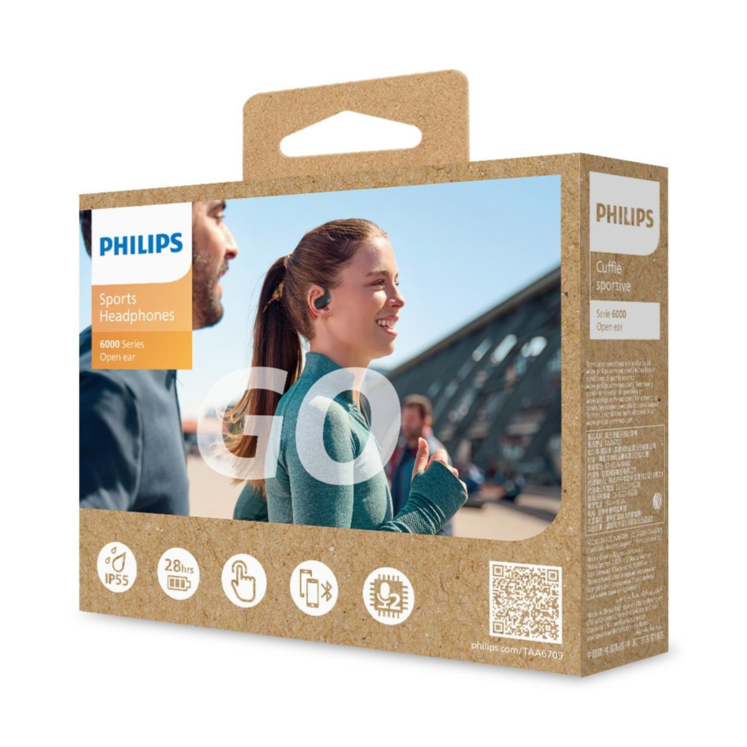 La scatola mostra una donna con le cuffie, con il logo Philips. Mostra il prodotto e le sue caratteristiche.
