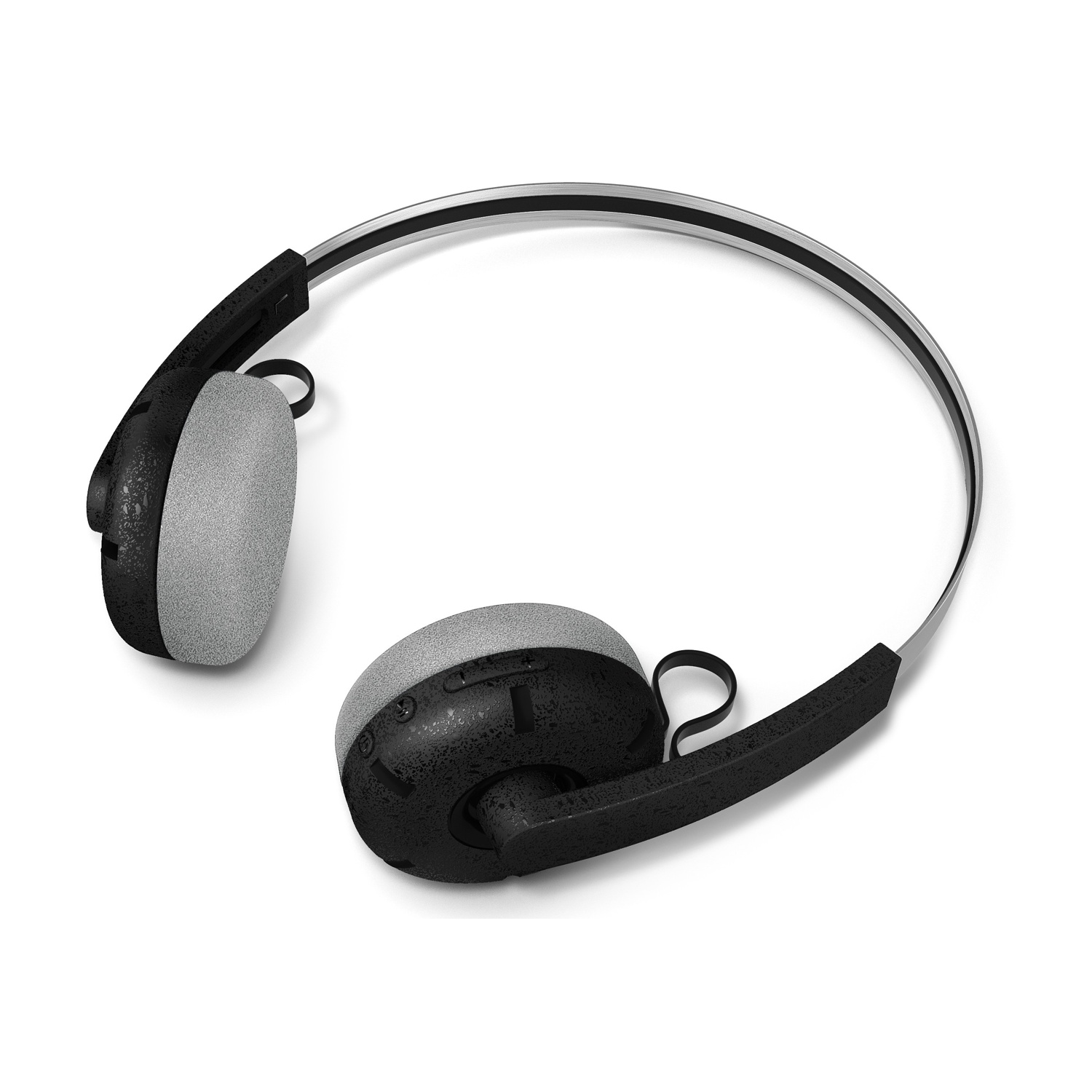 Cuffie con montatura nera e argento, cuscinetti auricolari grigi. Le cuffie sono su sfondo bianco.
