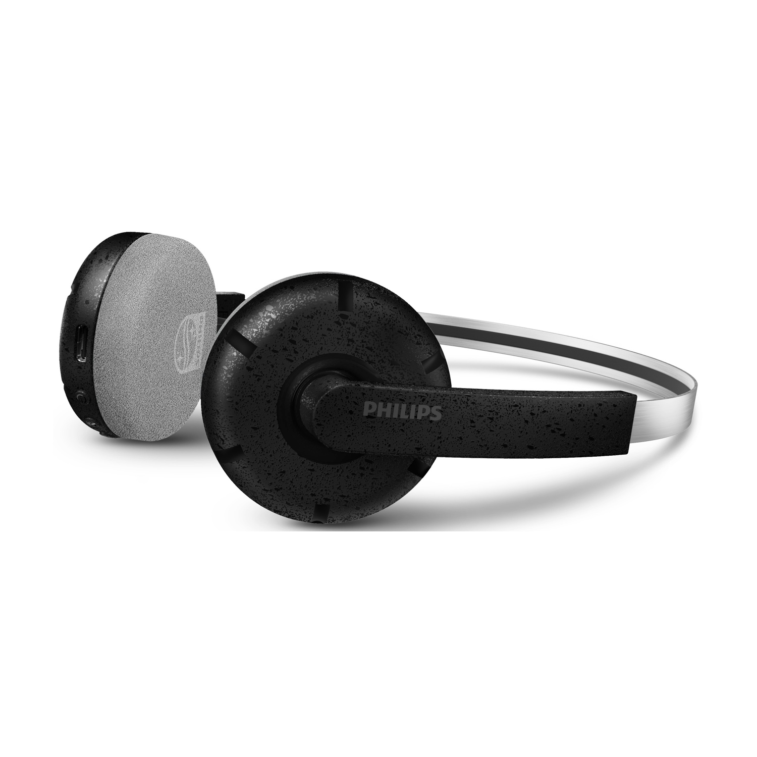 Cuffie Philips nere e grigie su sfondo bianco. Le cuffie presentano un design strutturato.