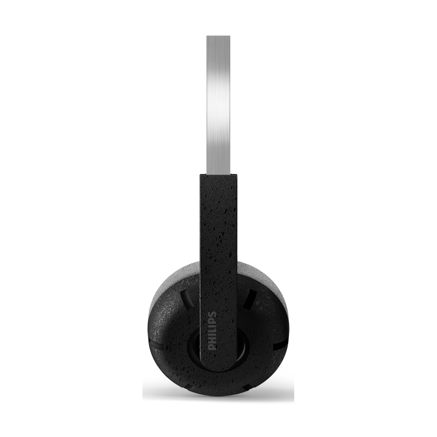 Una cuffia Philips nera con archetto argentato è mostrata su sfondo bianco.
