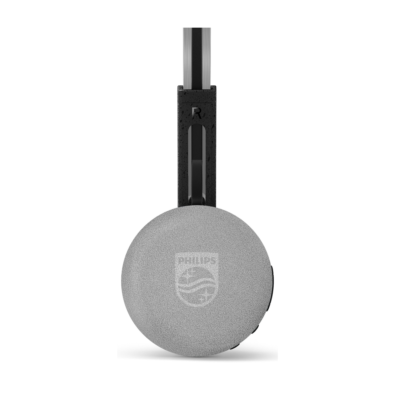 Primo piano di una cuffia argentata. Il padiglione mostra il logo Philips. La fascia è nera e supporta il padiglione. Sfondo bianco.