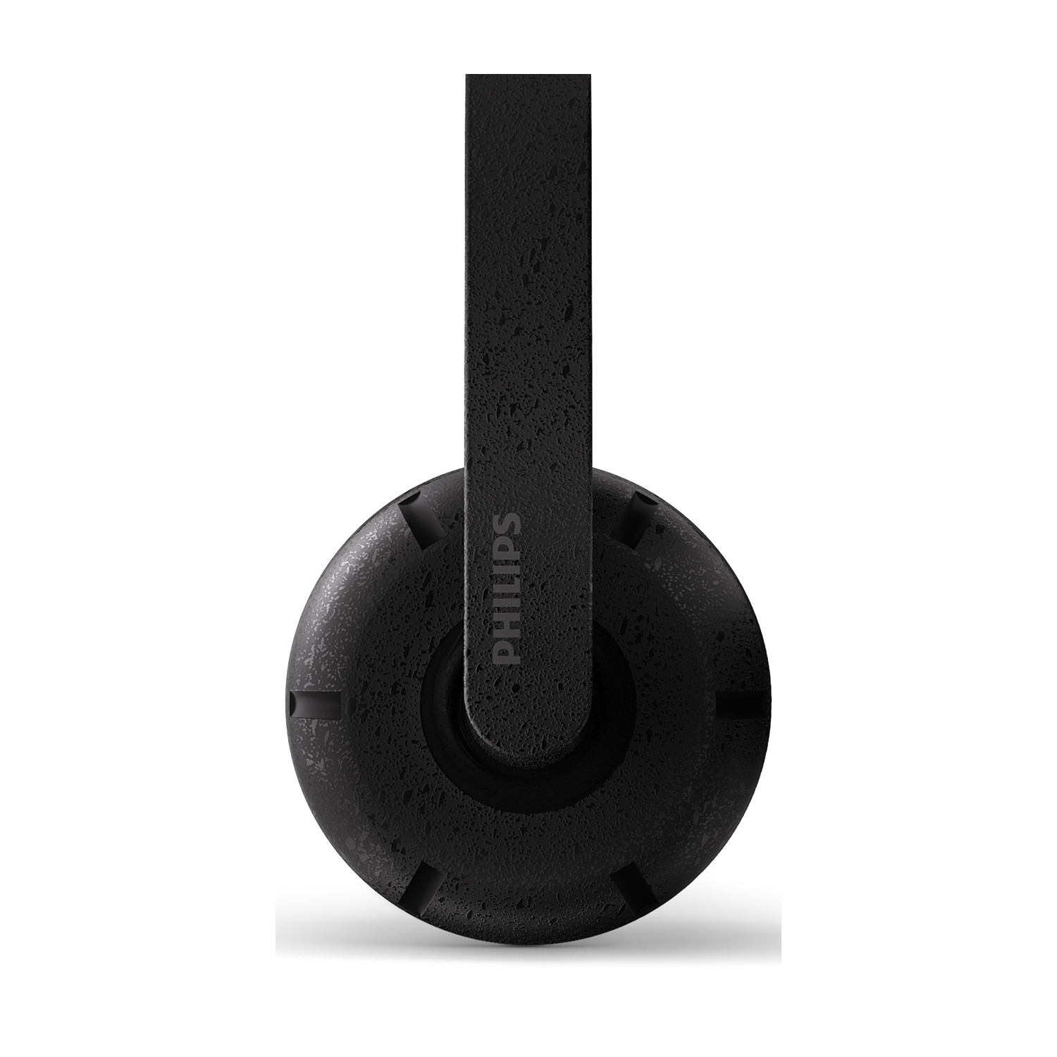 Primo piano di una cuffia Philips nera. Un padiglione auricolare circolare e strutturato è attaccato a una fascia.
