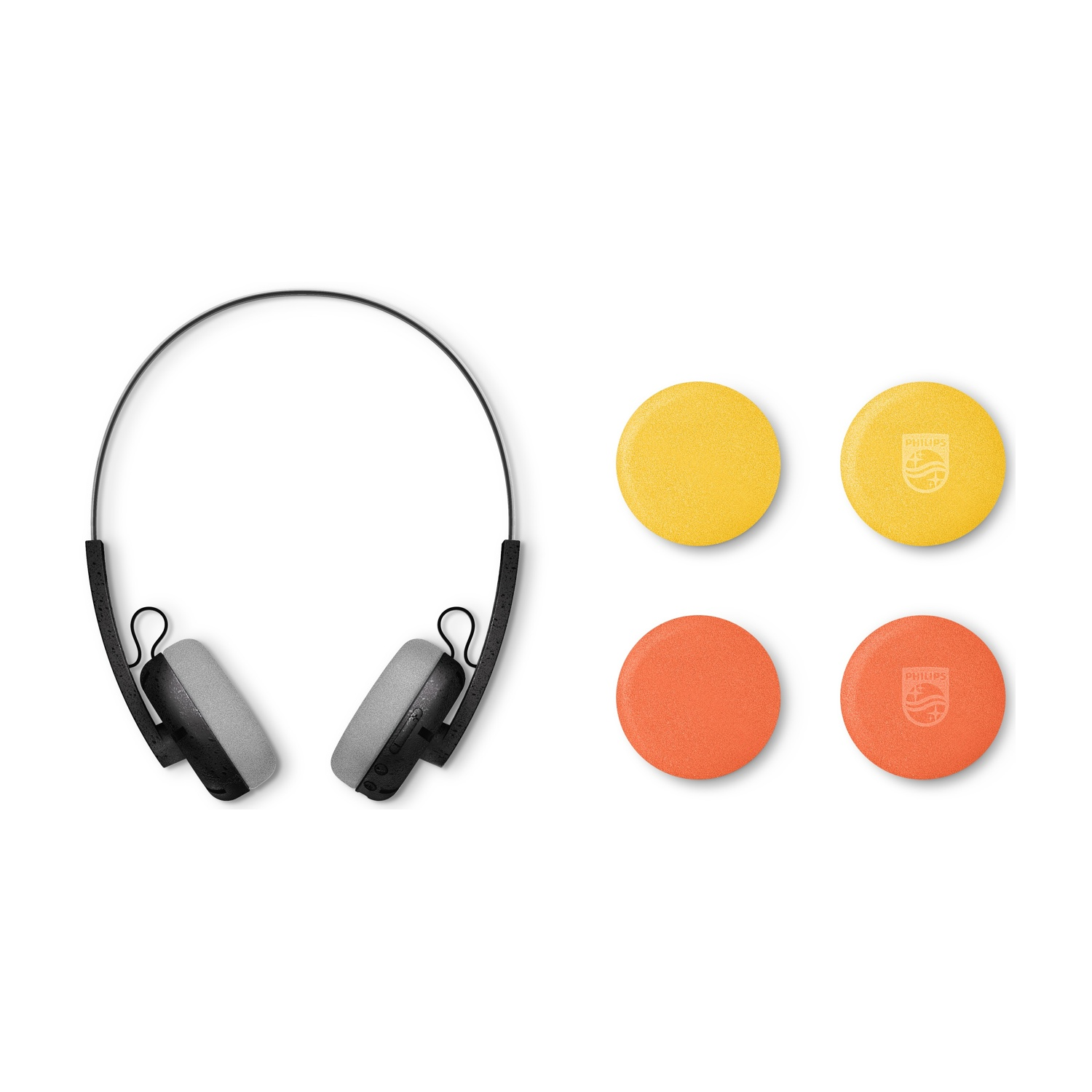 Cuffie con padiglioni grigi e montatura nera, insieme a quattro cuscinetti rotondi, due gialli e due arancioni, con logo Philips.