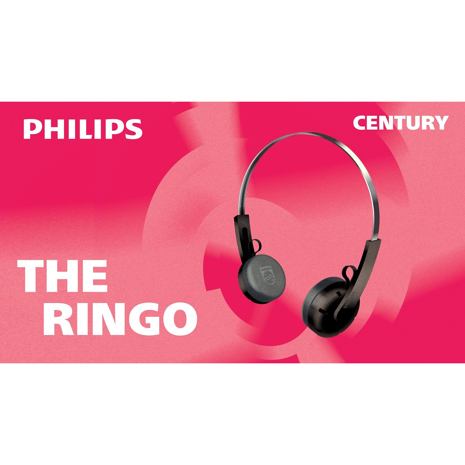 L'immagine mostra le cuffie con il testo 'PHILIPS', 'THE RINGO' e 'CENTURY'. Lo sfondo è rosa e bianco.